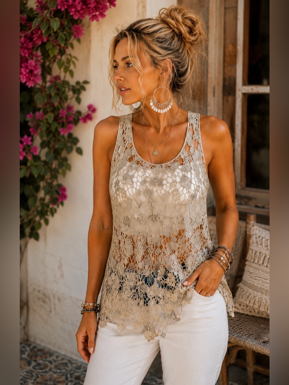 Pinky Silver Crochet Lace Tunic Tank Top Boho Festival Romantic Size M